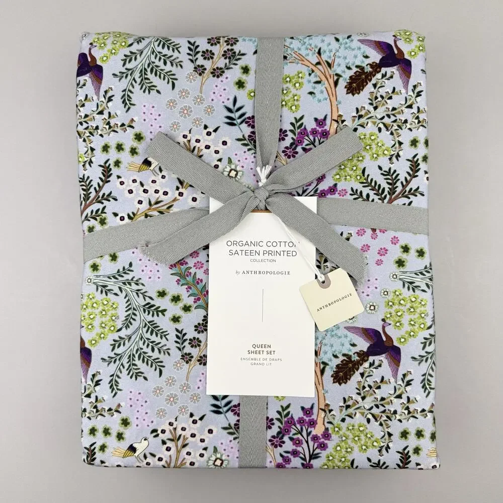 Anthropologie Organic Sateen Sheet Set QUEEN Hawaiian Bird Garden Bedding New